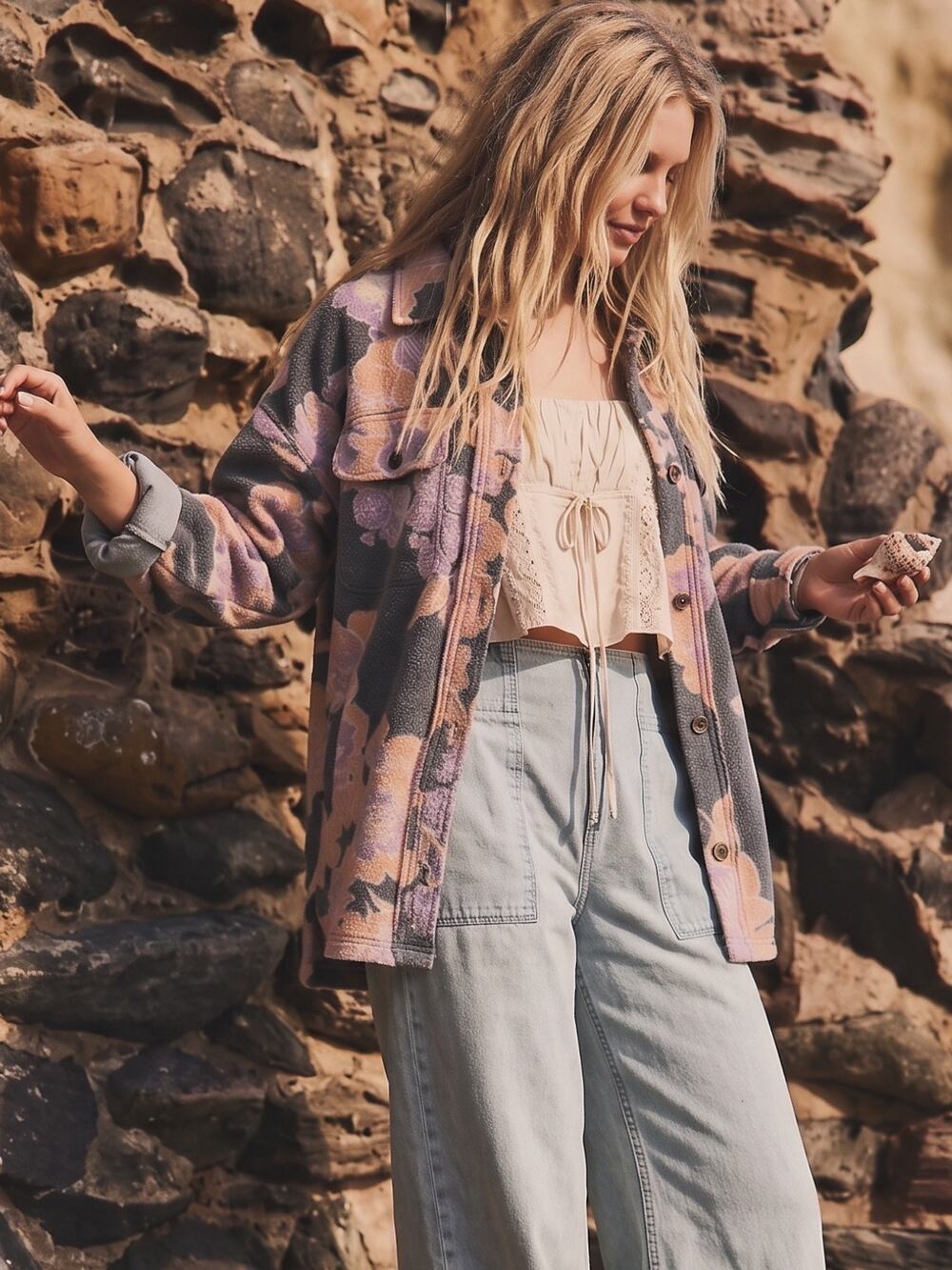 Free People Printed Ruby Jacket Shacket Fall Floral Grunge Charcoal Combo Medium